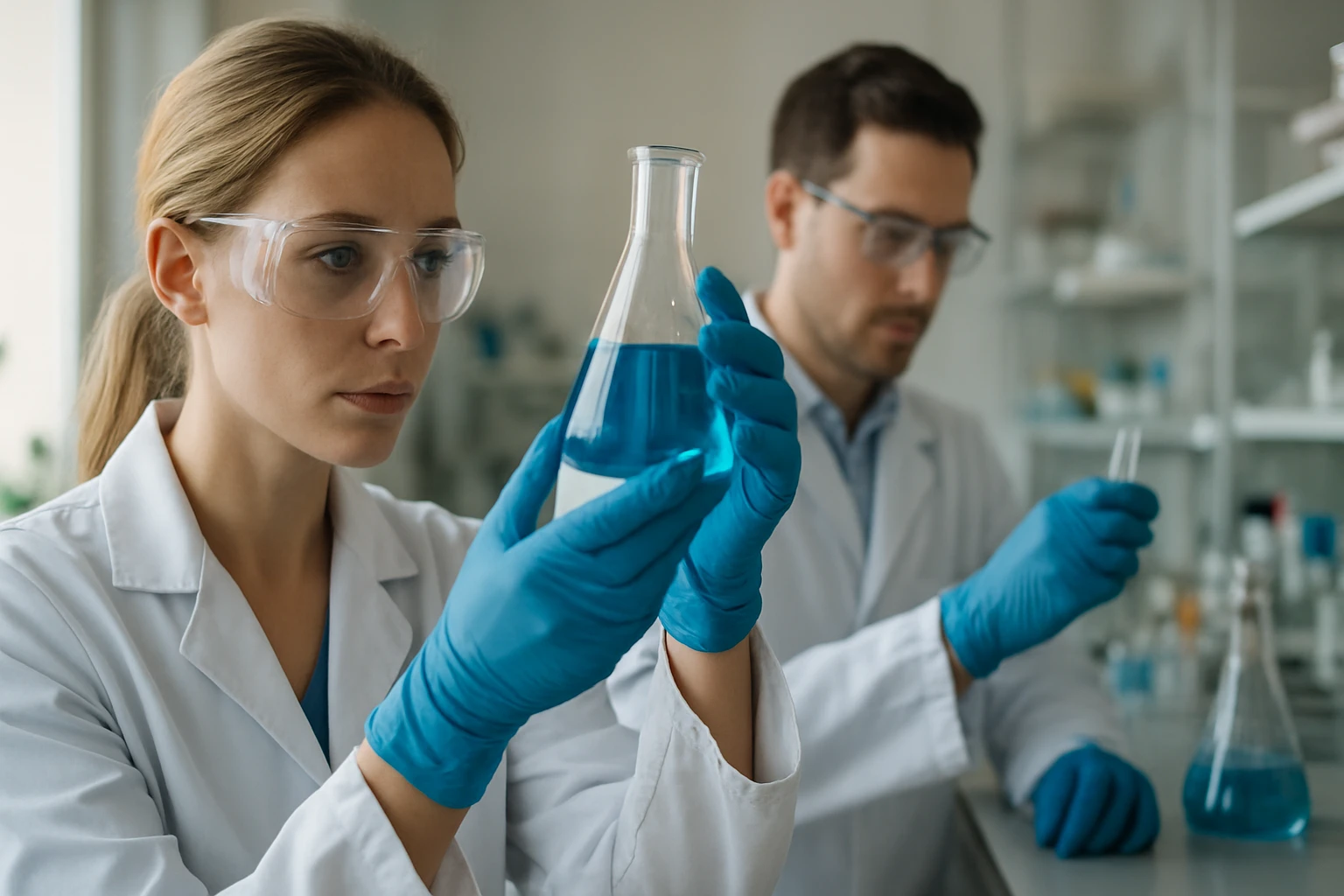 Két laboratóriumi kutató ezüst-gázvizsgálatot végez vákuum köpeny alatt.