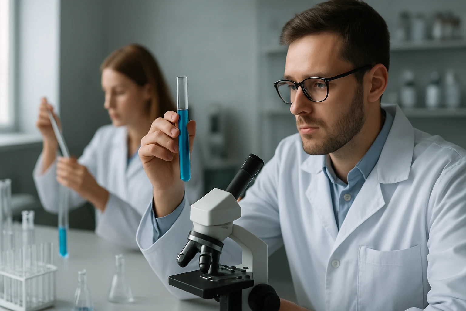 Két kutató laboratóriumi környezetben, kémcsövekkel és mikroszkóppal dolgozik.