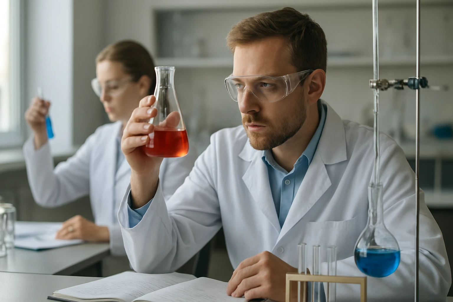 Két laboráns, aki különböző kémiai oldatokat vizsgál egy laboratóriumban.