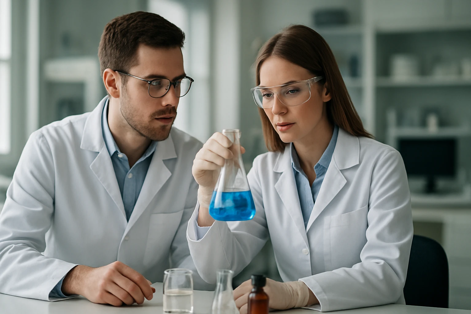 Két tudós laboratóriumban fácizomér mintát elemeznek