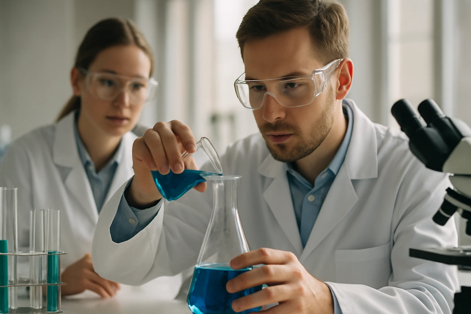 Két kutató kék folyadékot mér ki laboratóriumban