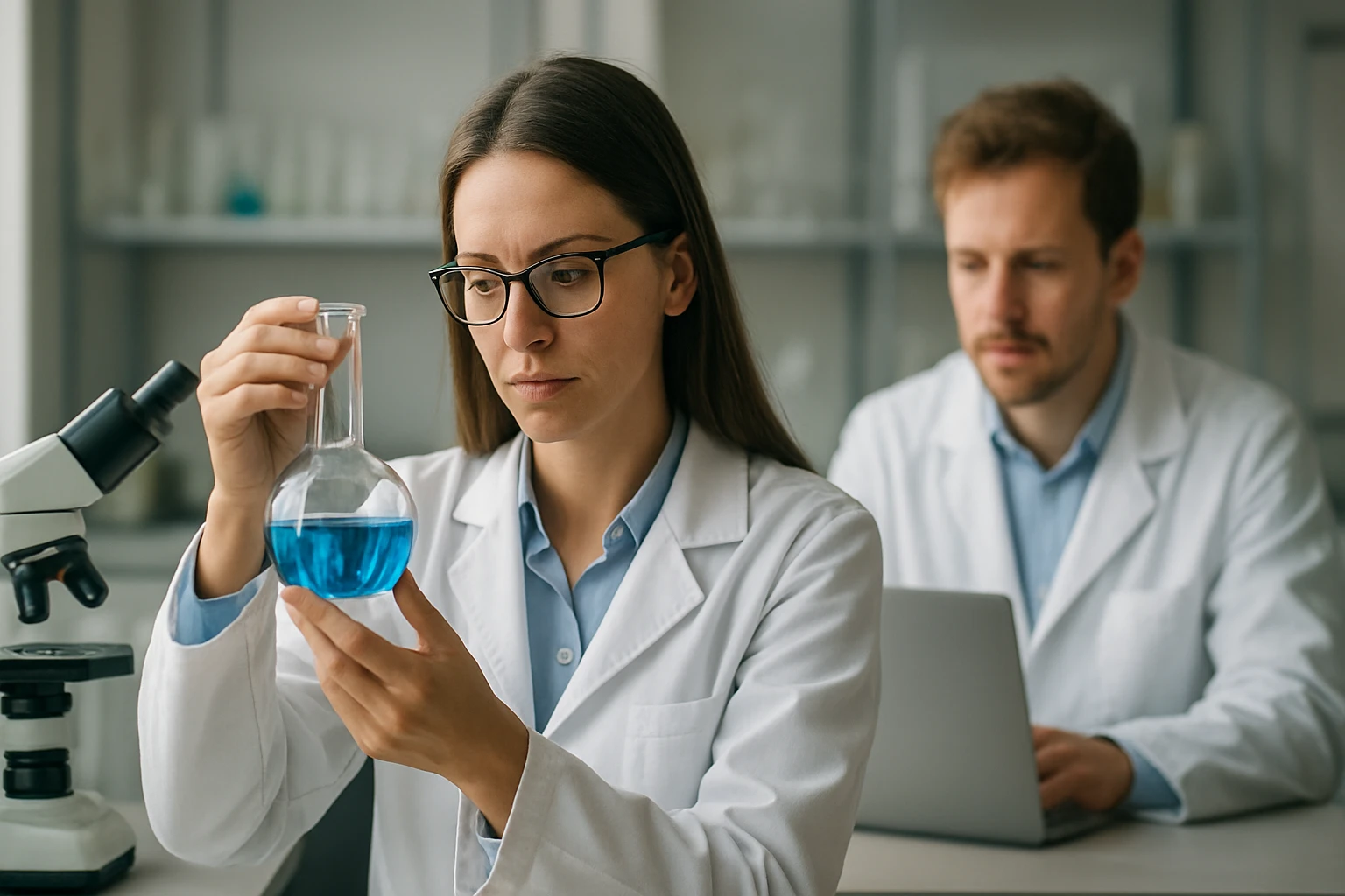 Női tudós laboratóriumban, fagyálló összetevőkkel foglalkozva.