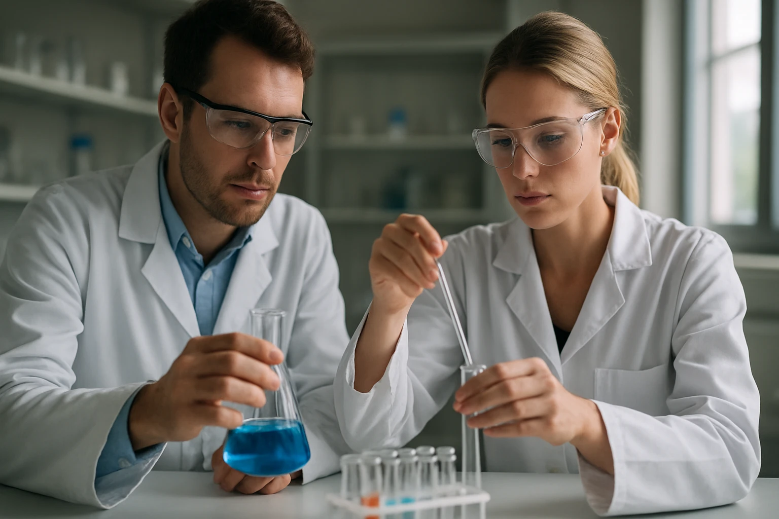 Két tudós kémiai kísérletezés közben laboratóriumban.