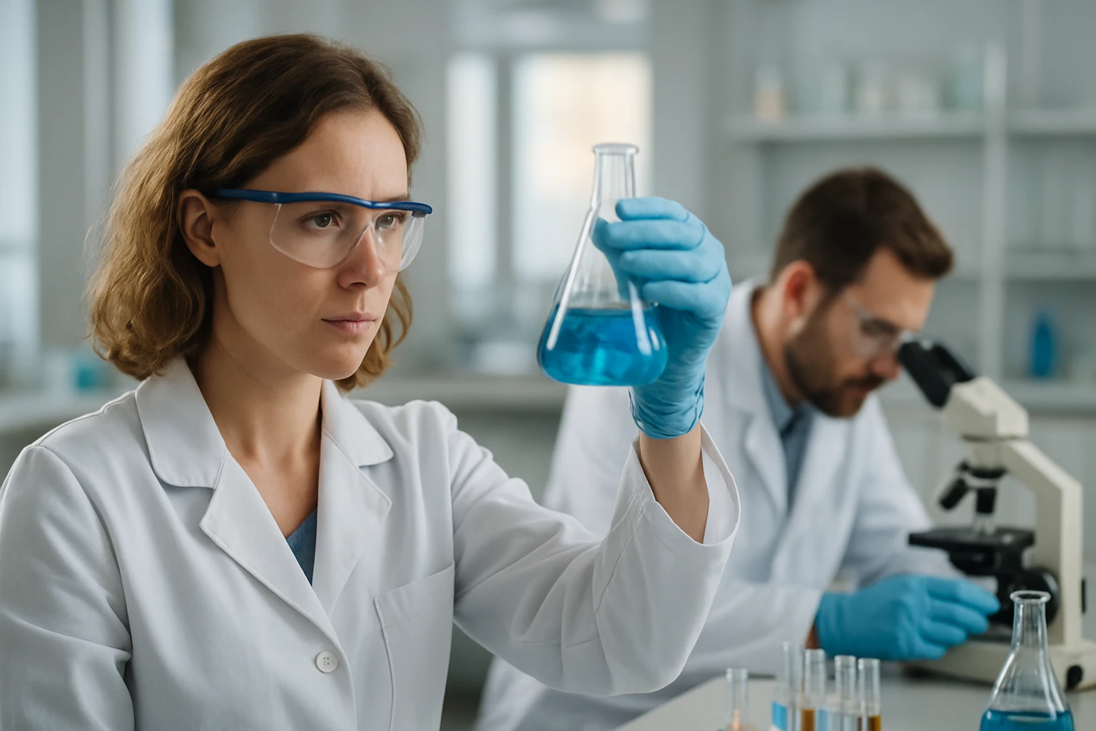 Női kutató laboratóriumban, fahéjaldehid kutatás