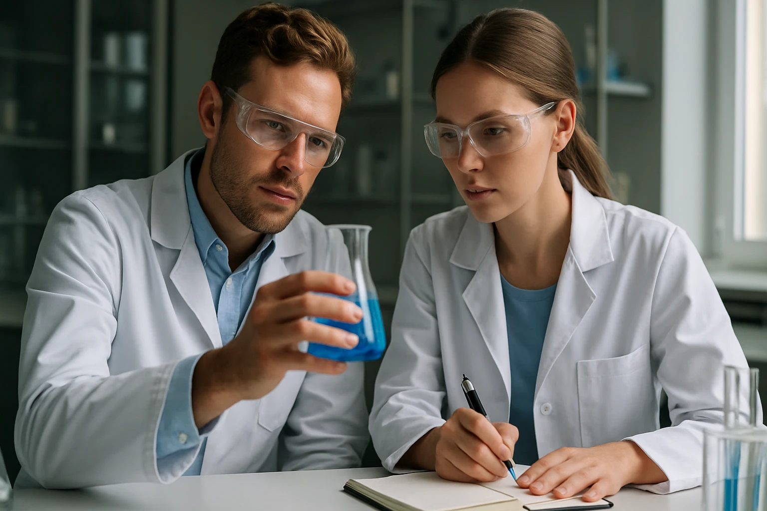 Két kémikus laboratóriumban, fahéjalkohol kísérlet során.