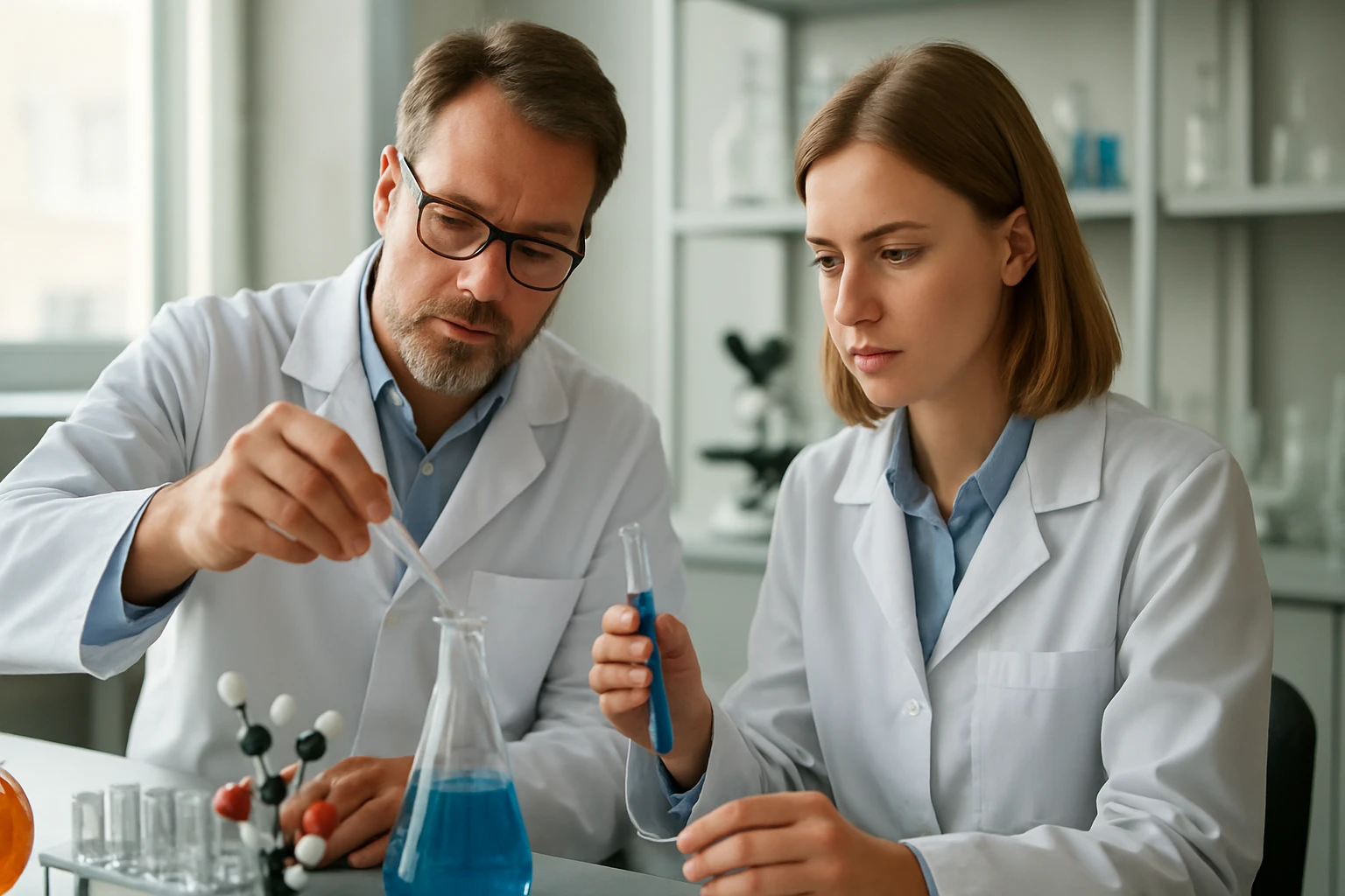 Két kutató laboratóriumban, kémiai kísérletezést végeznek