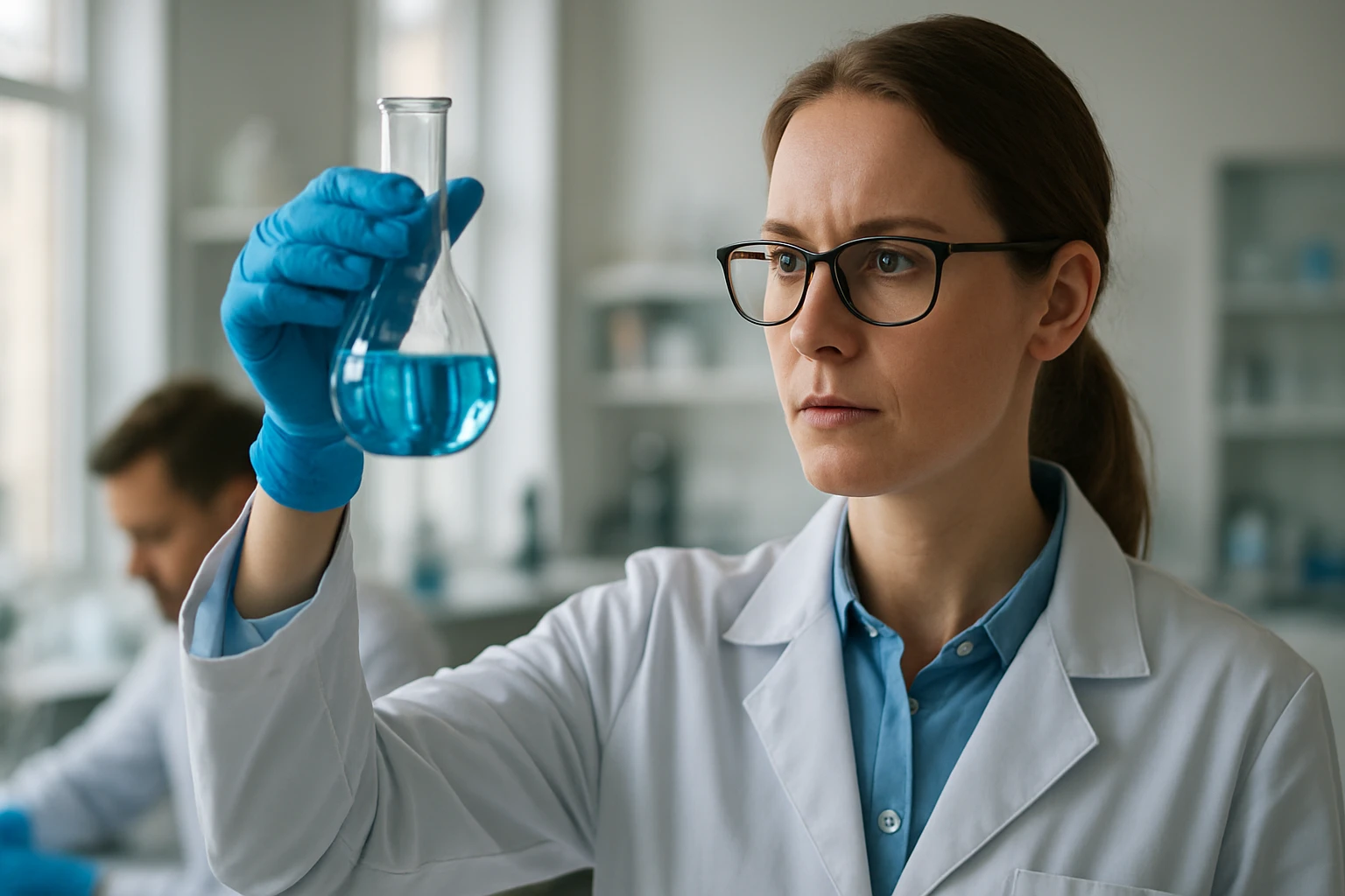 Kémikus laboratóriumban kék folyadékkal teli lombikot tart