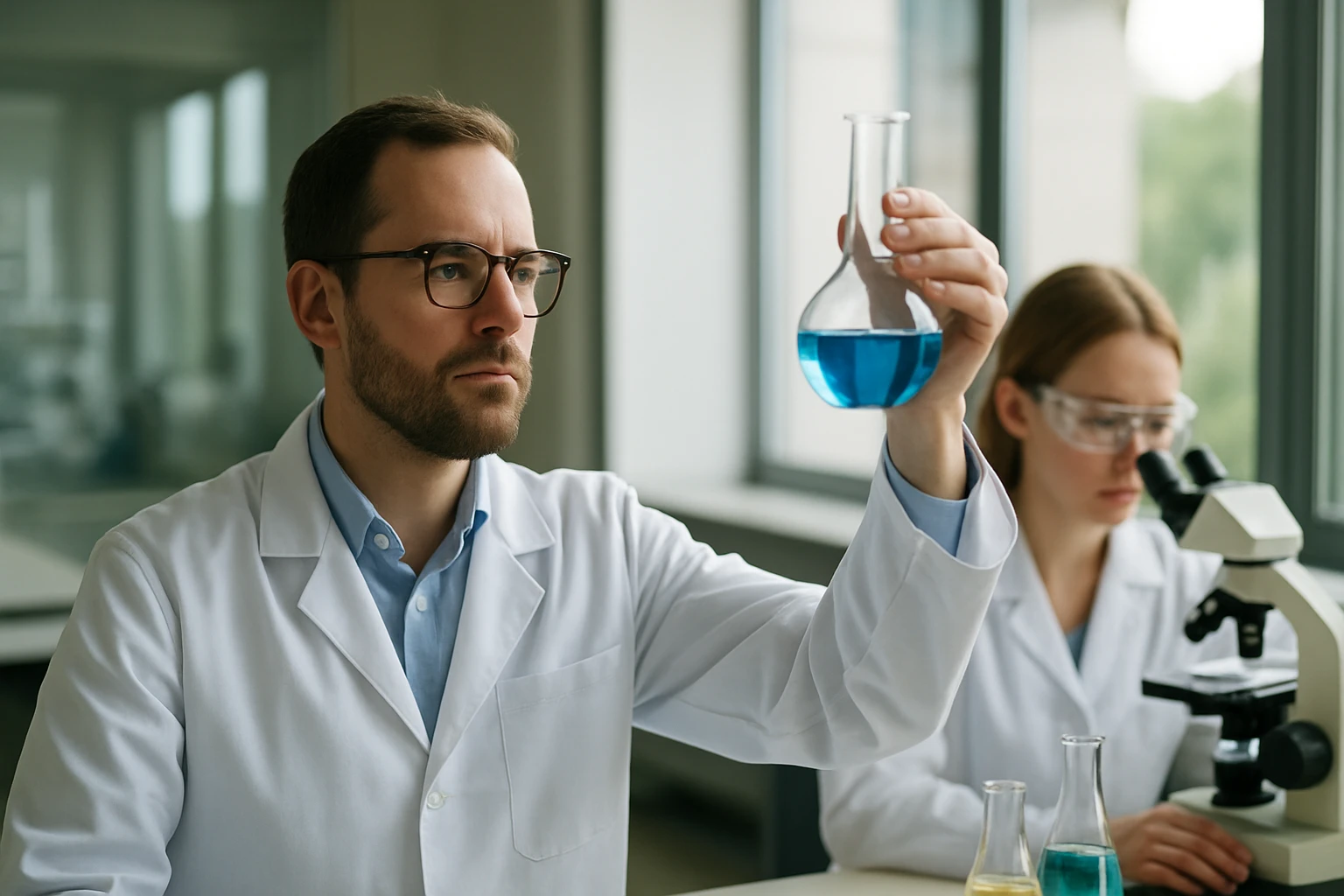 Kémikus laboratóriumban kék folyadékot vizsgálva