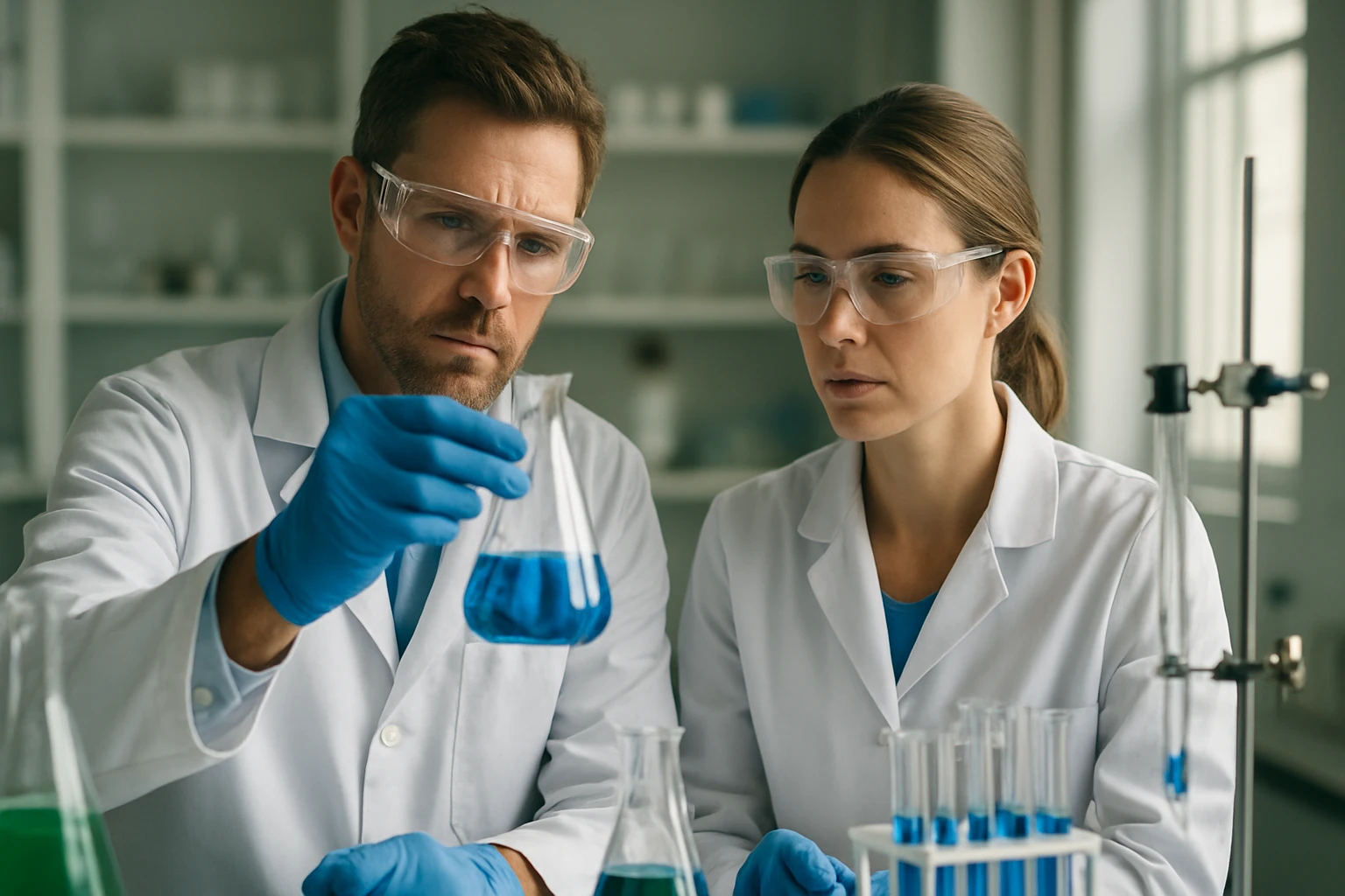 Fedezd fel az ion szerkezetét és aromás jellegét Két tudós laboratóriumban, kémiai elemzést végezve egy kék oldat felett.