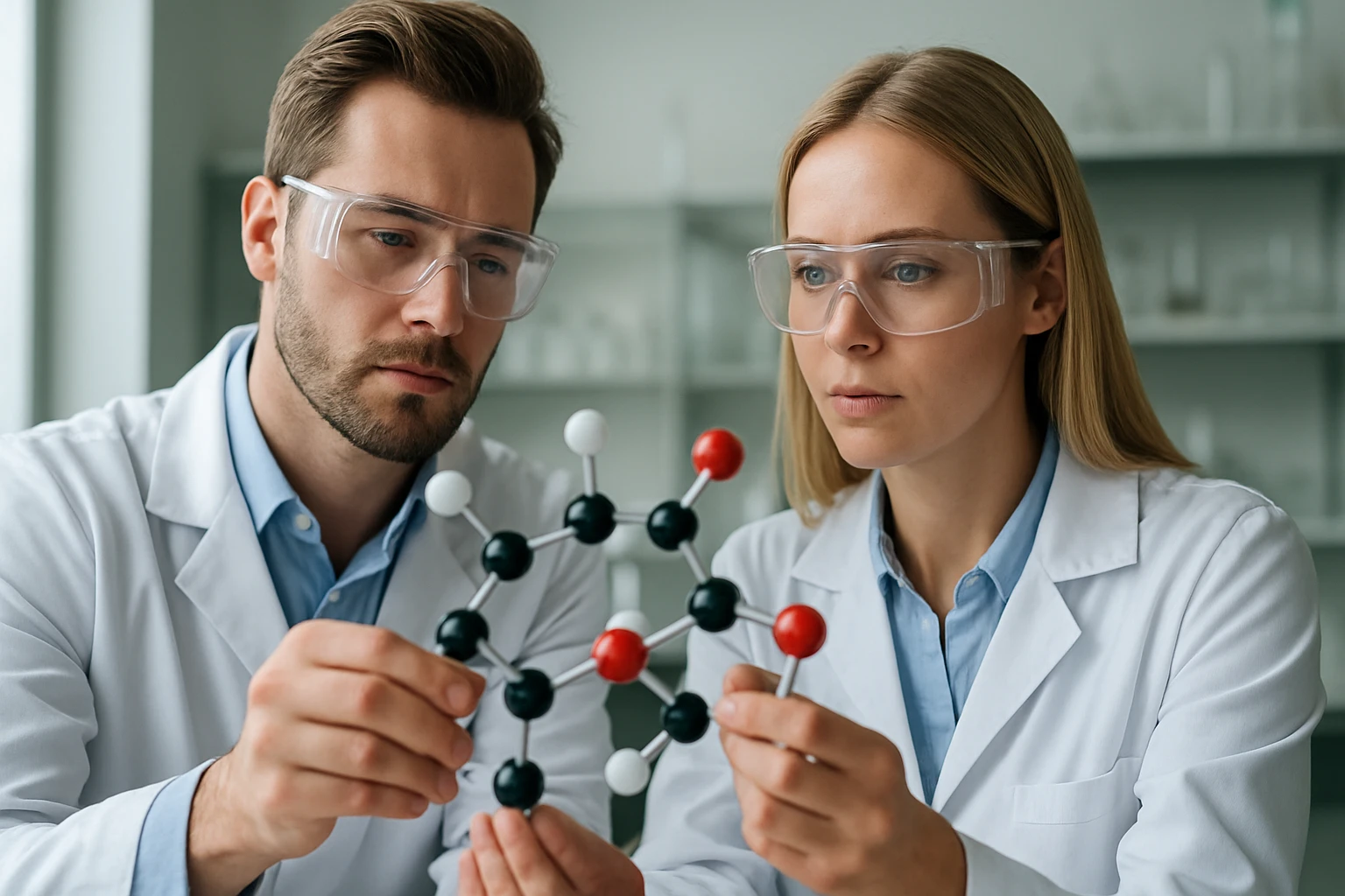 A fedőpor fogalma és részletes magyarázata Két kémikus a molekulamodellel foglalkozik laboratóriumban.