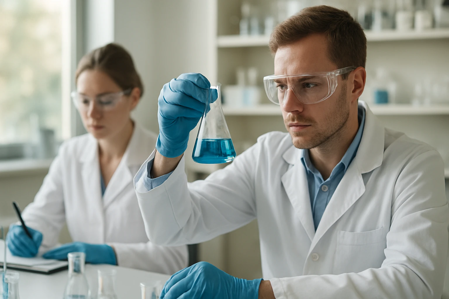 Laboratóriumi kísérlet. Két tudós fehér arzénnal foglalkozik.