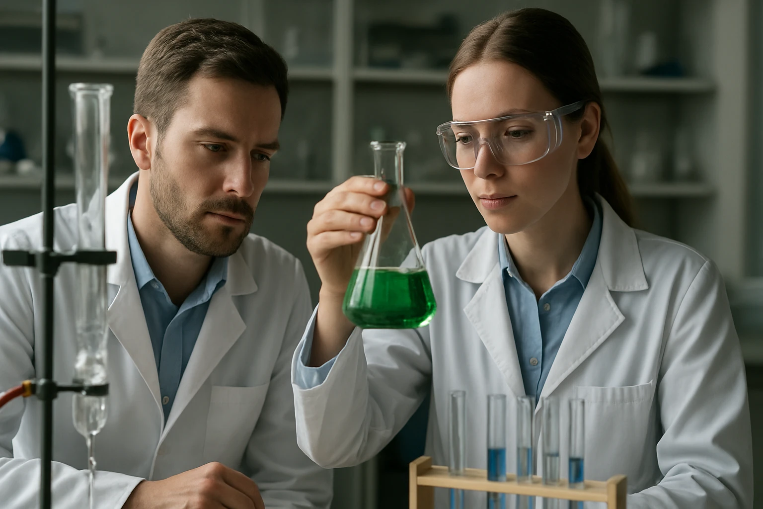 Két tudós laboratóriumban zöld kémiai oldatot vizsgál.