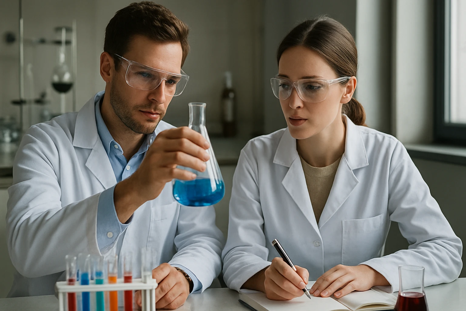 Két kutató a fehérgálic (cink-szulfát) laboratóriumi vizsgálatán dolgozik.