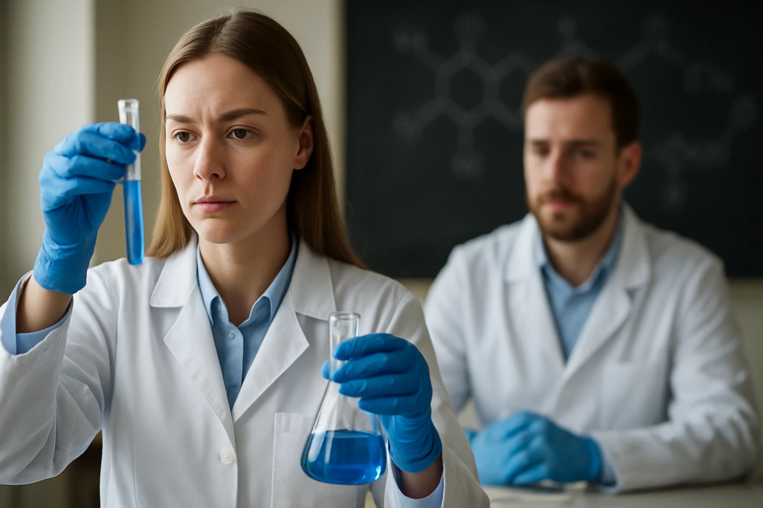 Két kémikus laboratóriumban, az egyik kémcsövet vizsgálva.