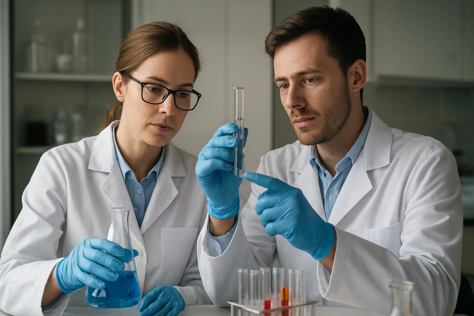 Két tudós kémiai kísérletet végez laboratóriumban.