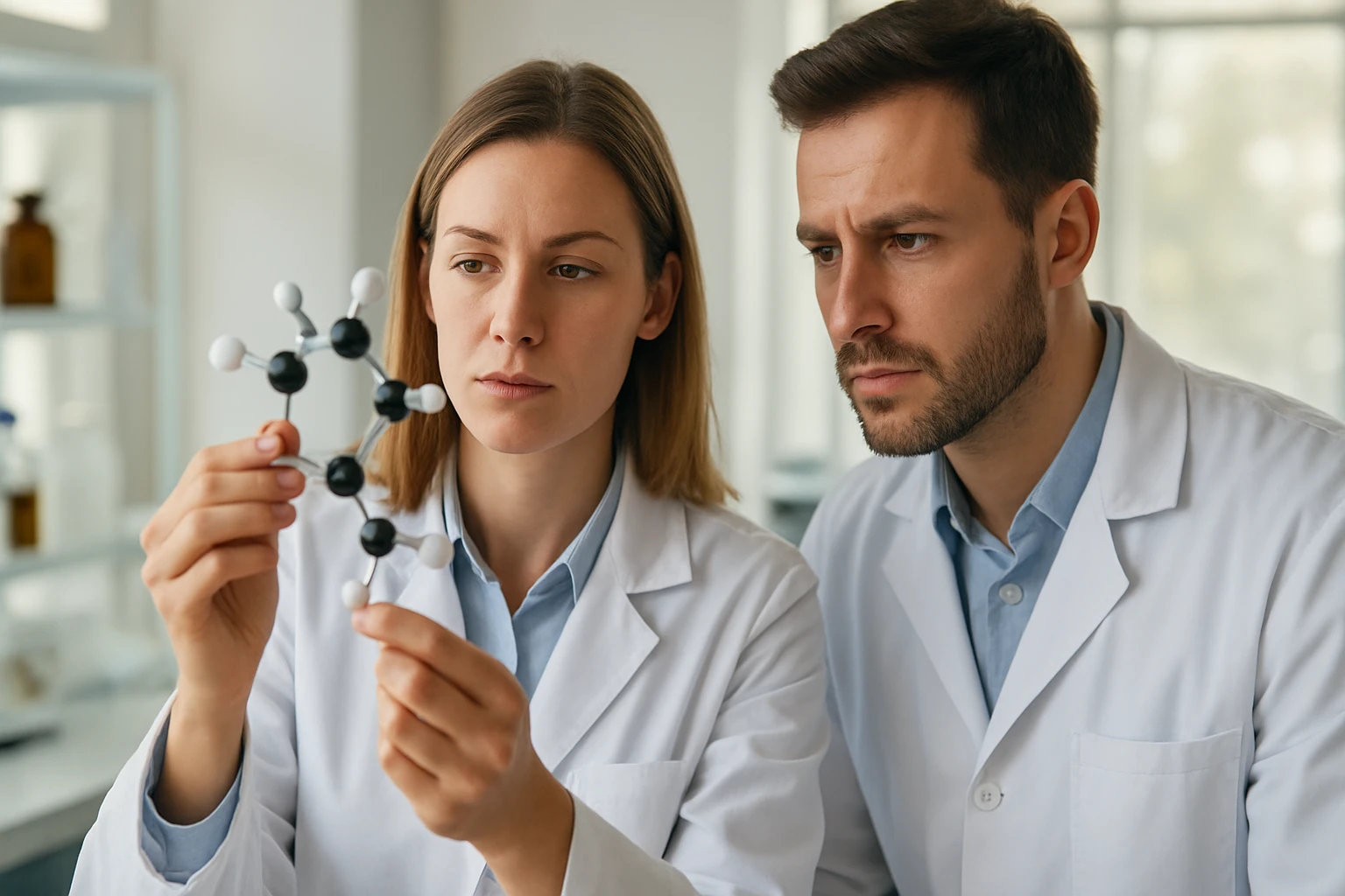 Két kutató a laboratóriumban molekulamodelleket vizsgál egy félcella működéséről.