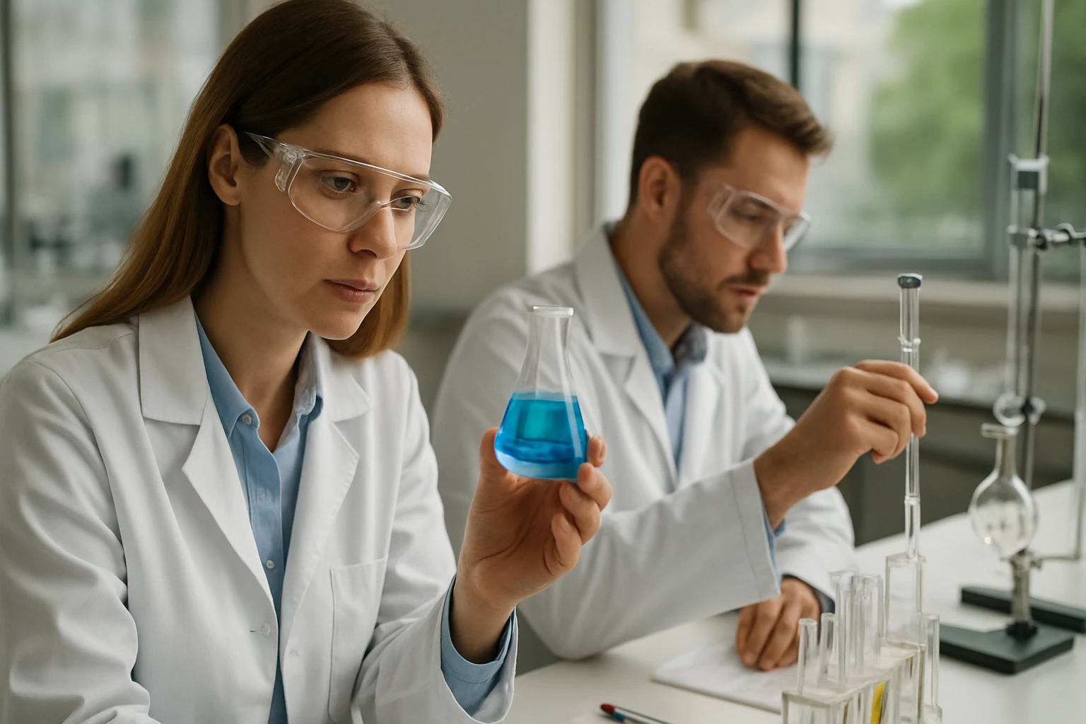 Kémiai kísérlet laboratóriumban, felületi korrózió kutatása.