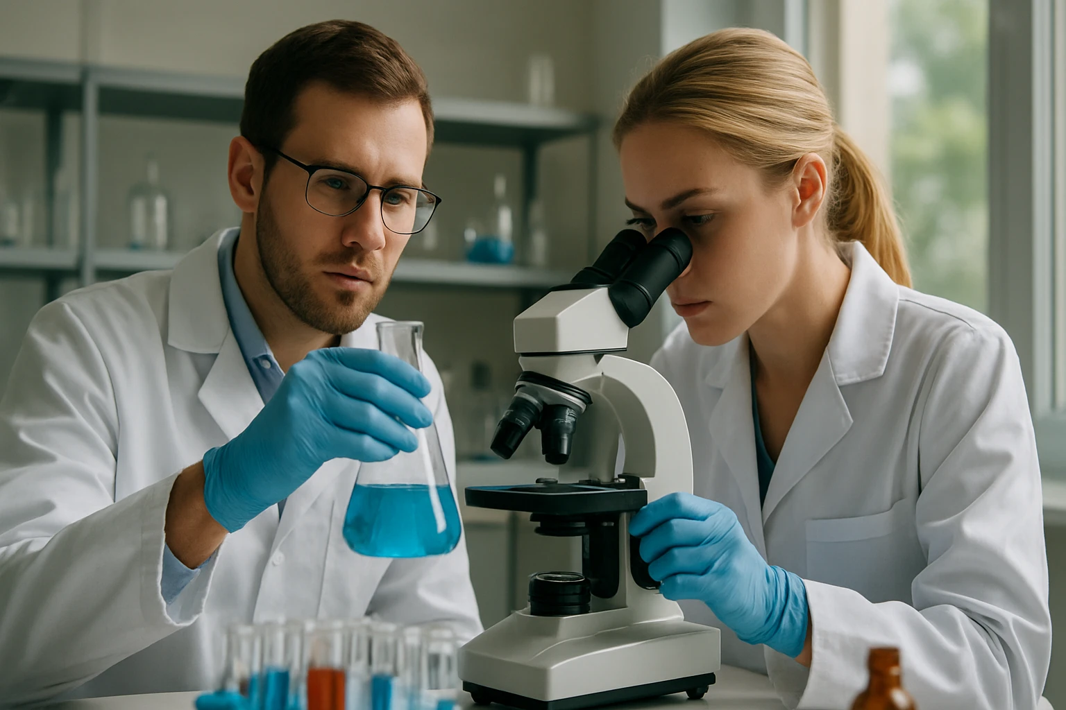 A felületi aktivitás jelensége: magyarázat és mérési módszerek Kémikusok laboratóriumban vizsgálják a felületi aktivitást mikroszkóppal.