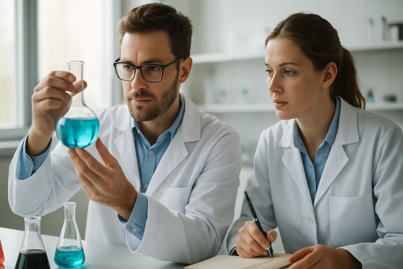 Két kutató kémiai kísérletet végez laboratóriumban.