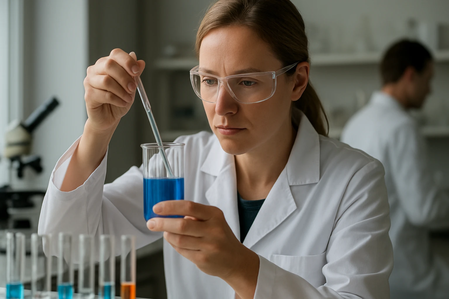 Egy nő kémiai kísérletet végez kék folyadékkal laboratóriumban.