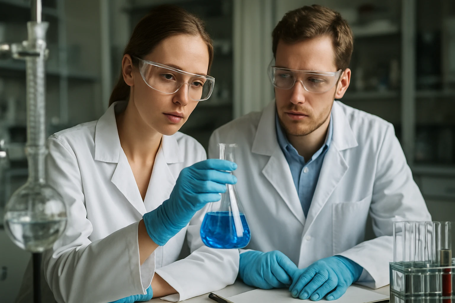 Két kutató fém-kelátokkal végzett kísérletet a laboratóriumban.