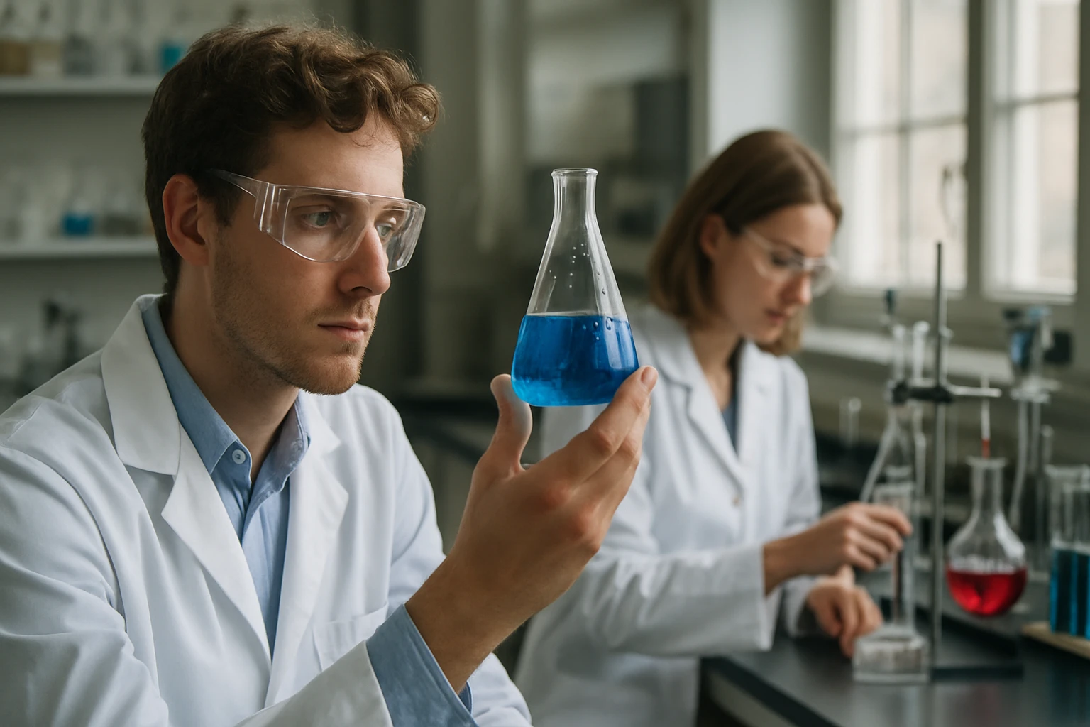 Kémikusok dolgoznak laboratóriumban, fémek feszültségi sorrendjével kapcsolatos kísérletek