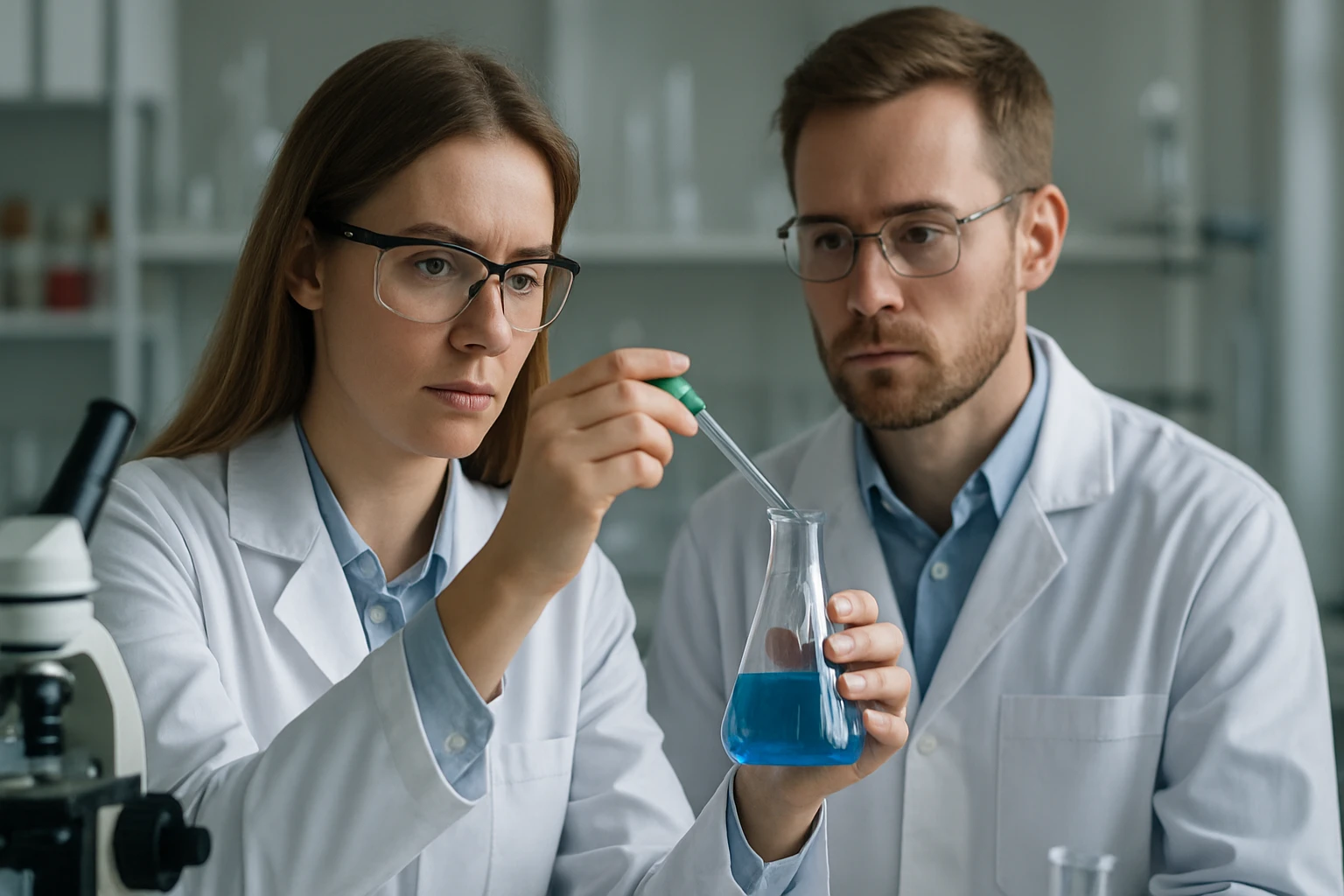 Két kutató fémes kristályokkal kapcsolatos kísérletet végez a laboratóriumban