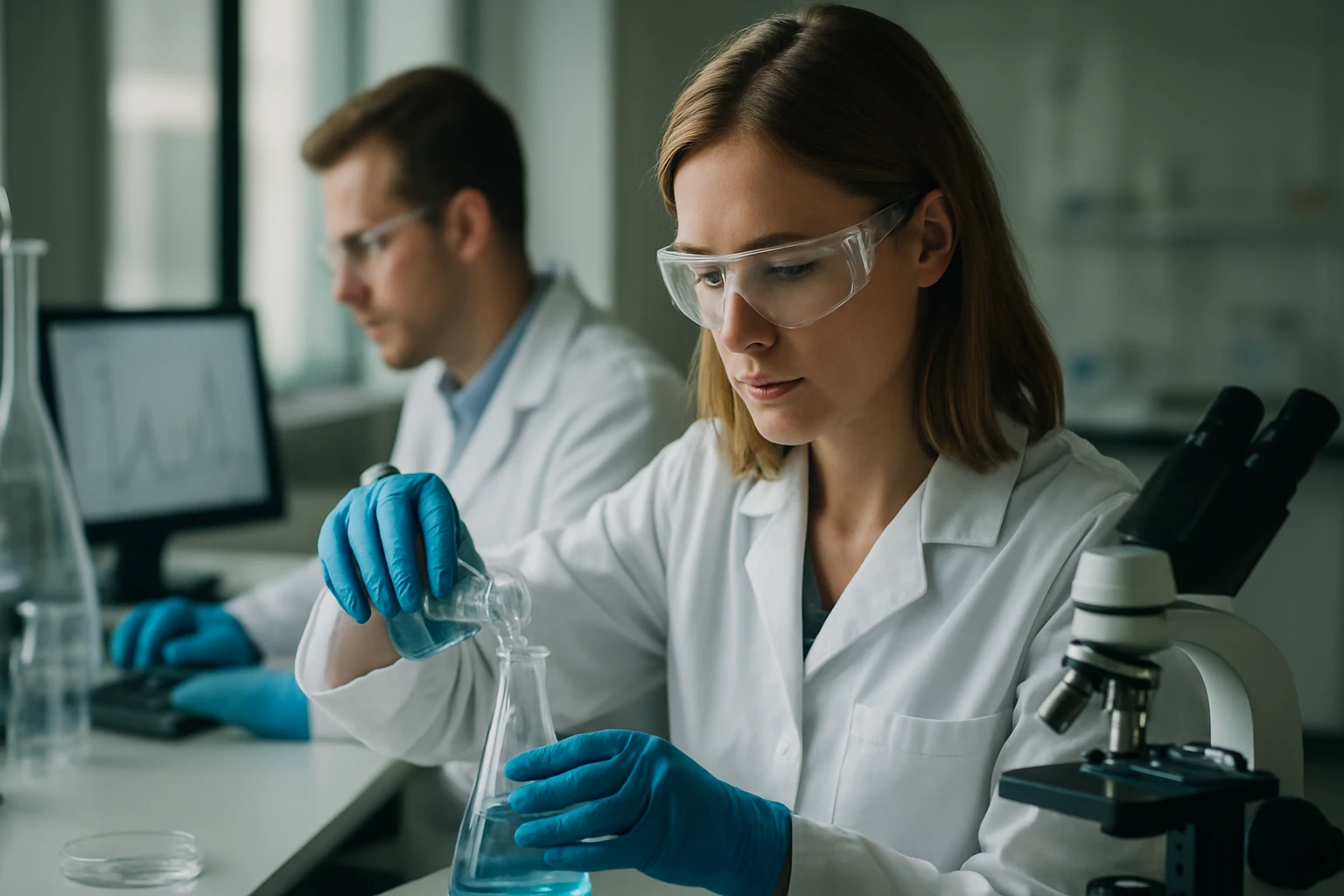 Két tudós laboratóriumi környezetben, vegyi anyagokat keverve.