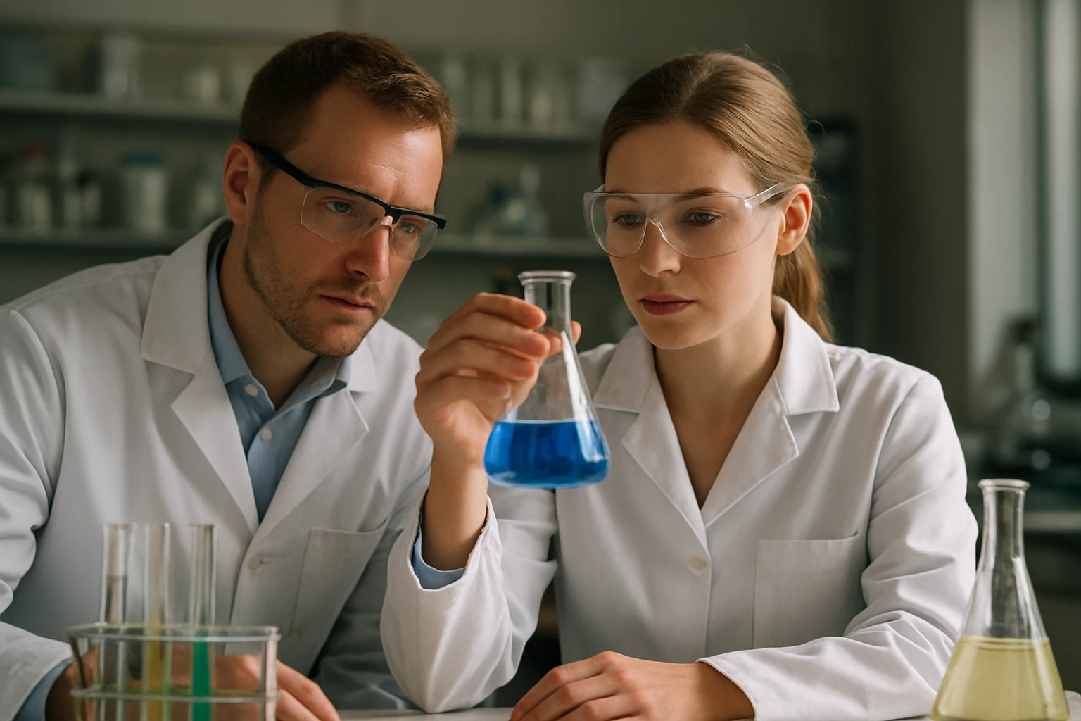 Laboratóriumi kutatók fémkomplex színezékekkel dolgoznak.