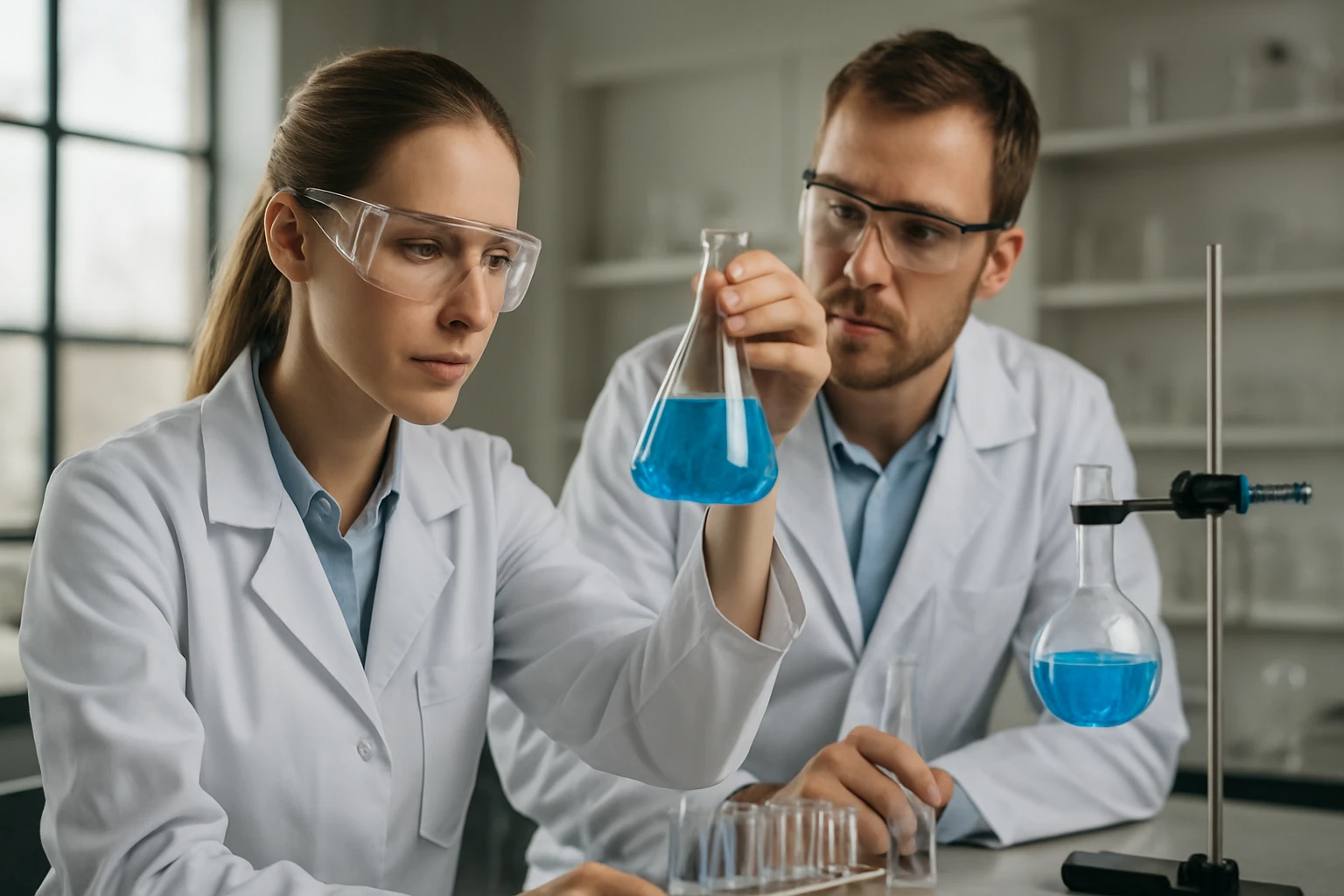 Két kutató fémkristályokat vizsgál a laboratóriumban.