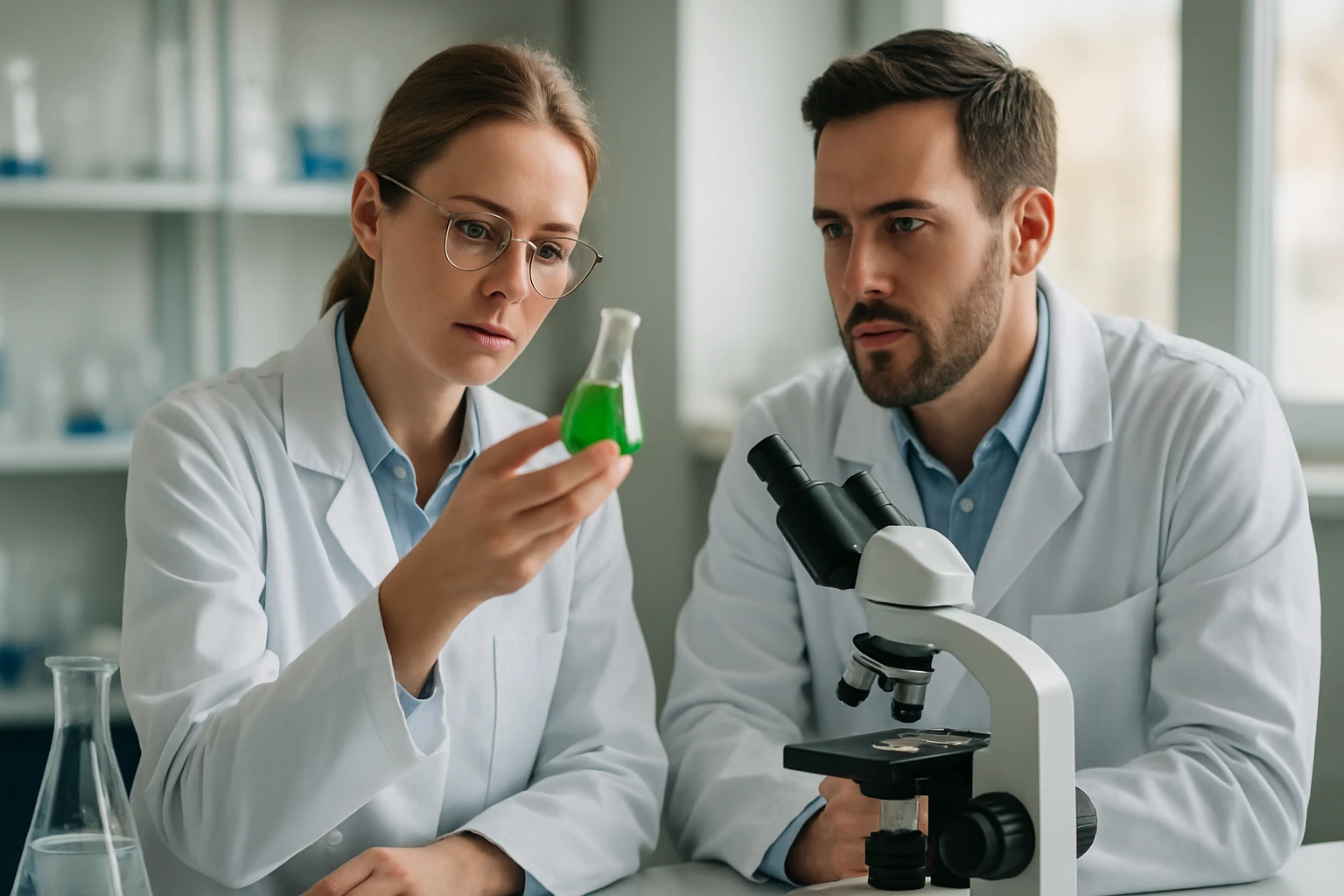 Két tudós zöld folyadékot vizsgál egy laboratóriumban