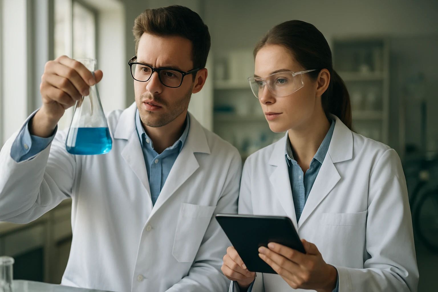 Két kutató a femtokémia kísérletein laboratóriumban.