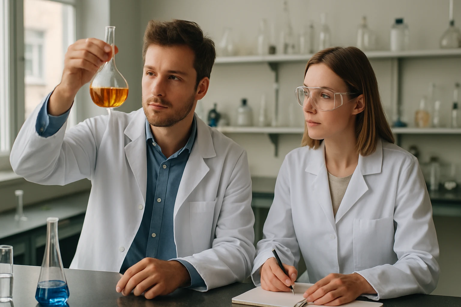 Kémiai kísérletet végző kutatók laboratóriumban.