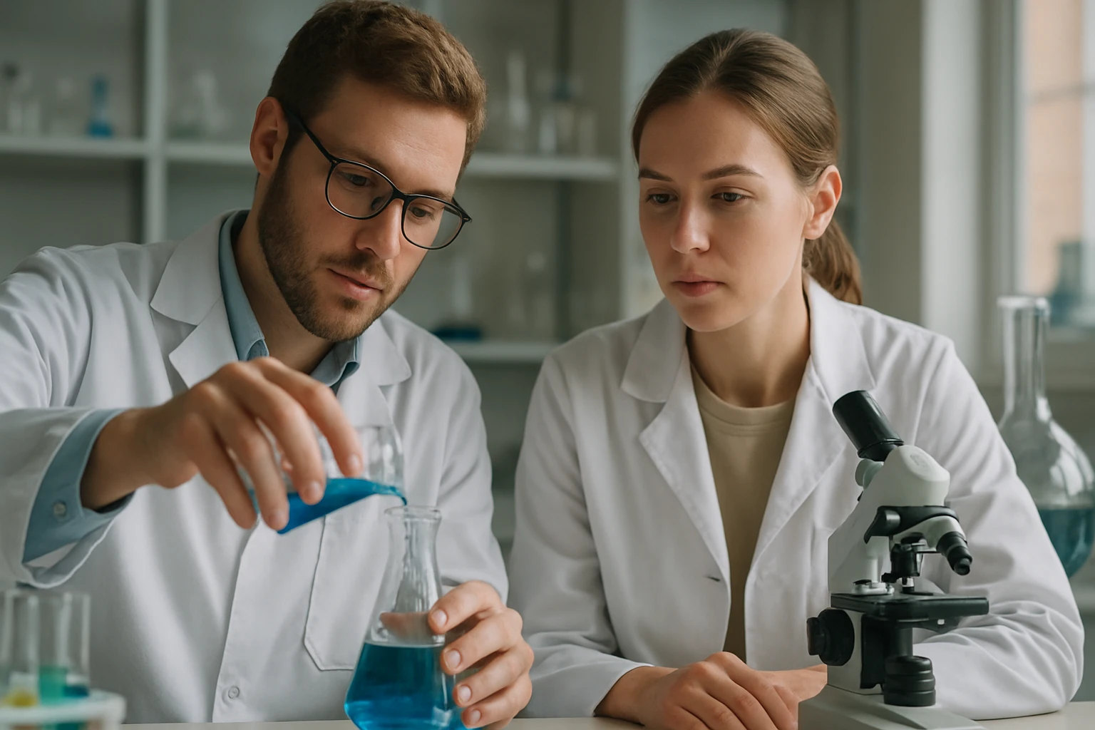 Két vegyész kísérletezést végez a laborban, figyelve a kémiai reakciót.