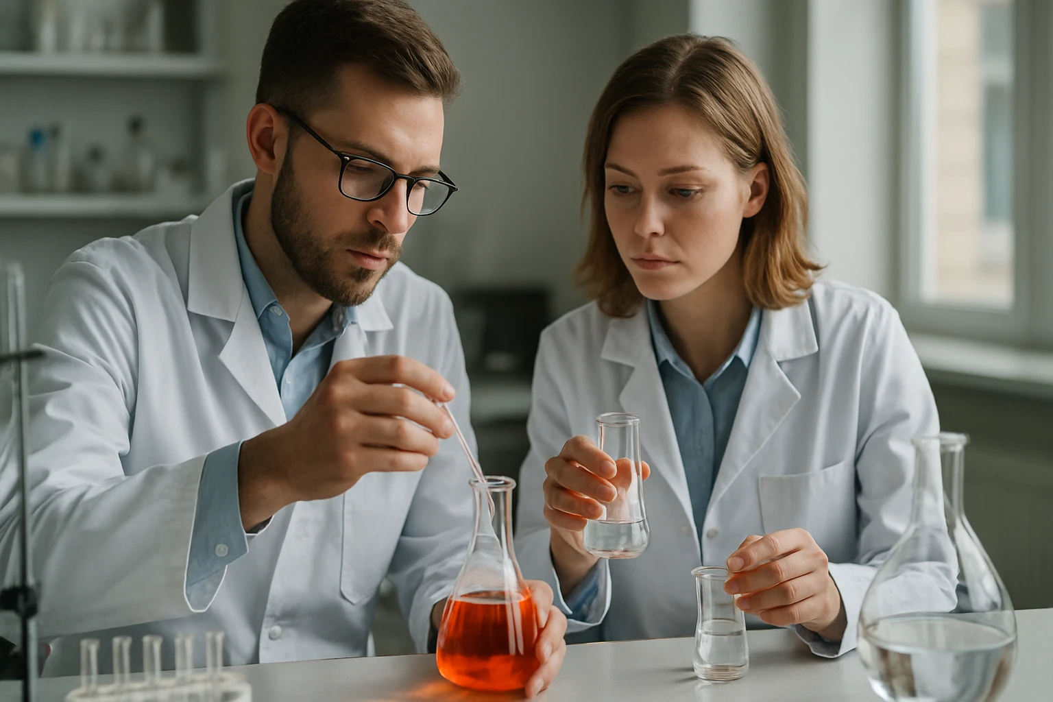 Két tudós laboratóriumban kémiai kísérletet végez.