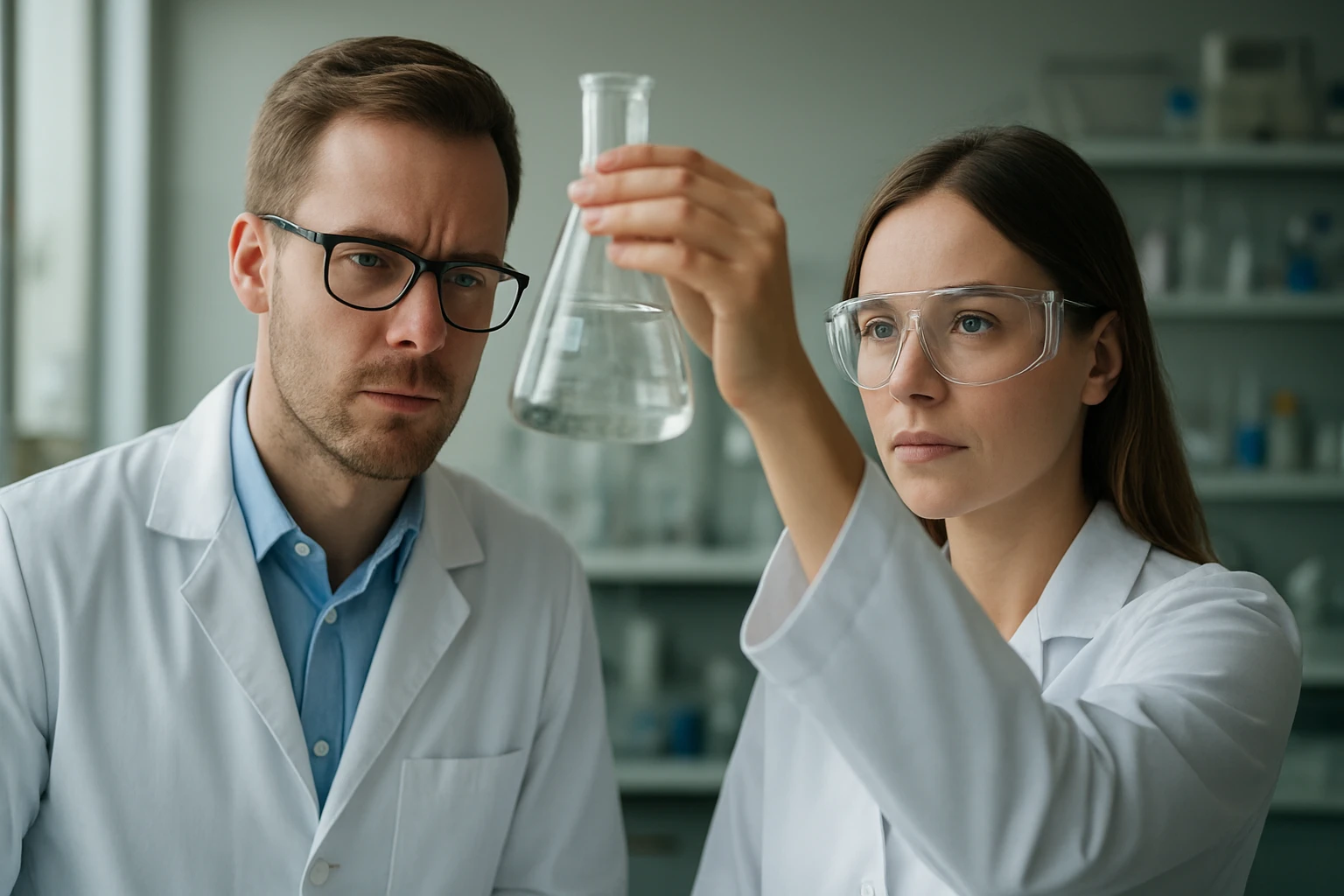 Két vegyész vizsgál egy különböző fenil-ketonokat tartalmazó lombikot.