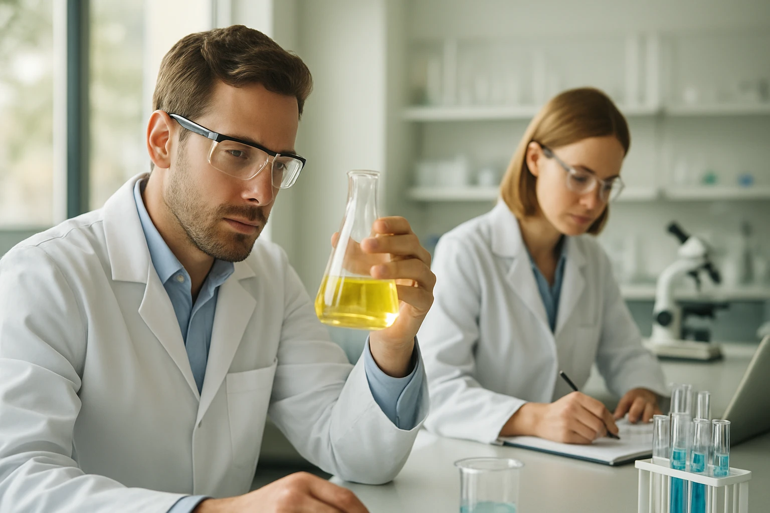 Két tudós dolgozik a laboratóriumban, fenil-kloridot elemzik.