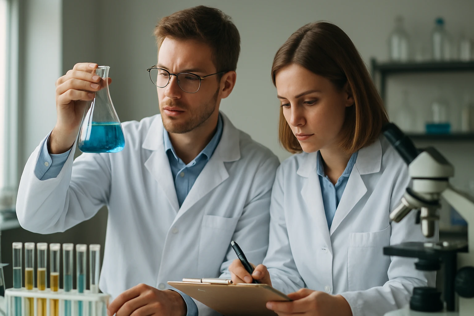 Kutatók laboratóriumban, fenil-metilamin kémiai vizsgálata közben.