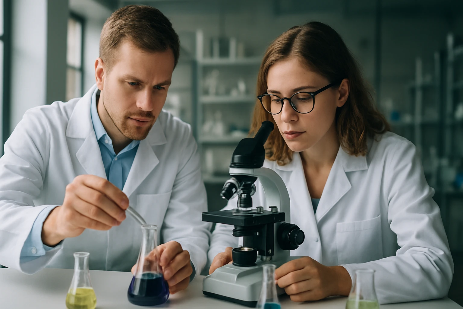 A fenileten kémiai tulajdonságai és ipari szerepe Két kémikus laboratóriumban kémiai kísérletezést végez.
