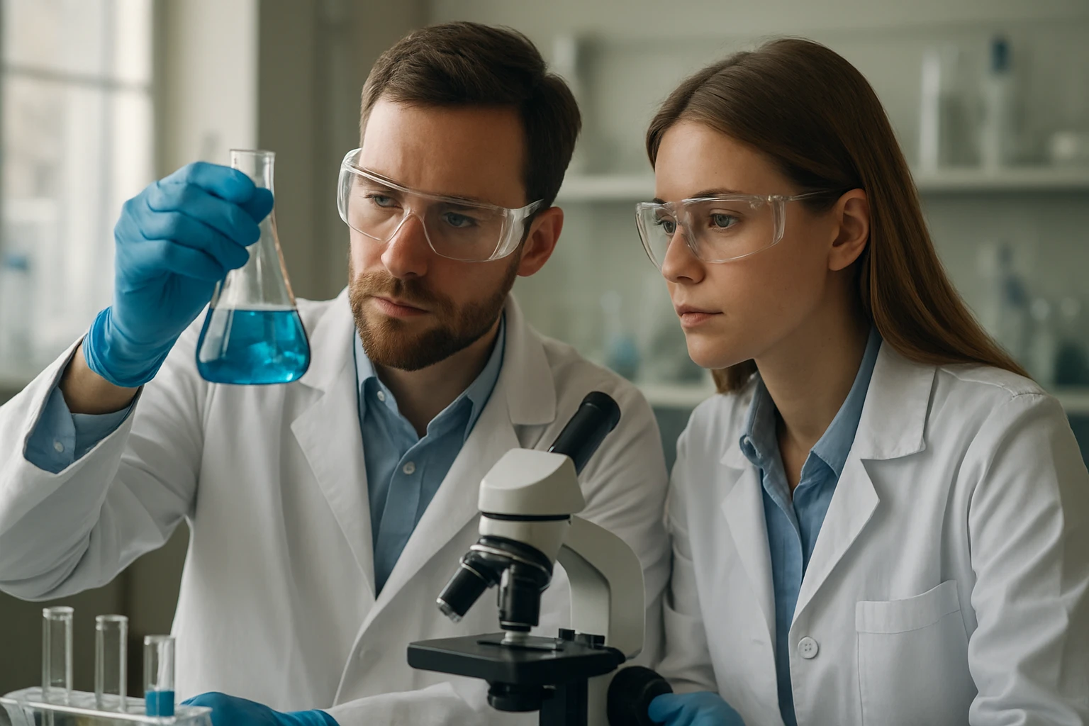 Két kutató laboratóriumban, fenilhidrazinnal végzett vizsgálat közben.