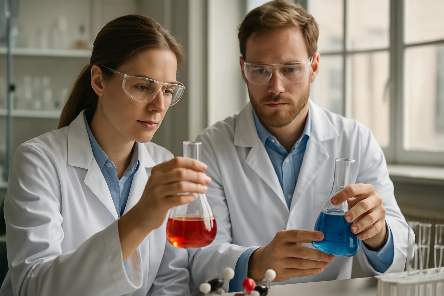 Két kutató laboratóriumban kémiai kísérleteket végez