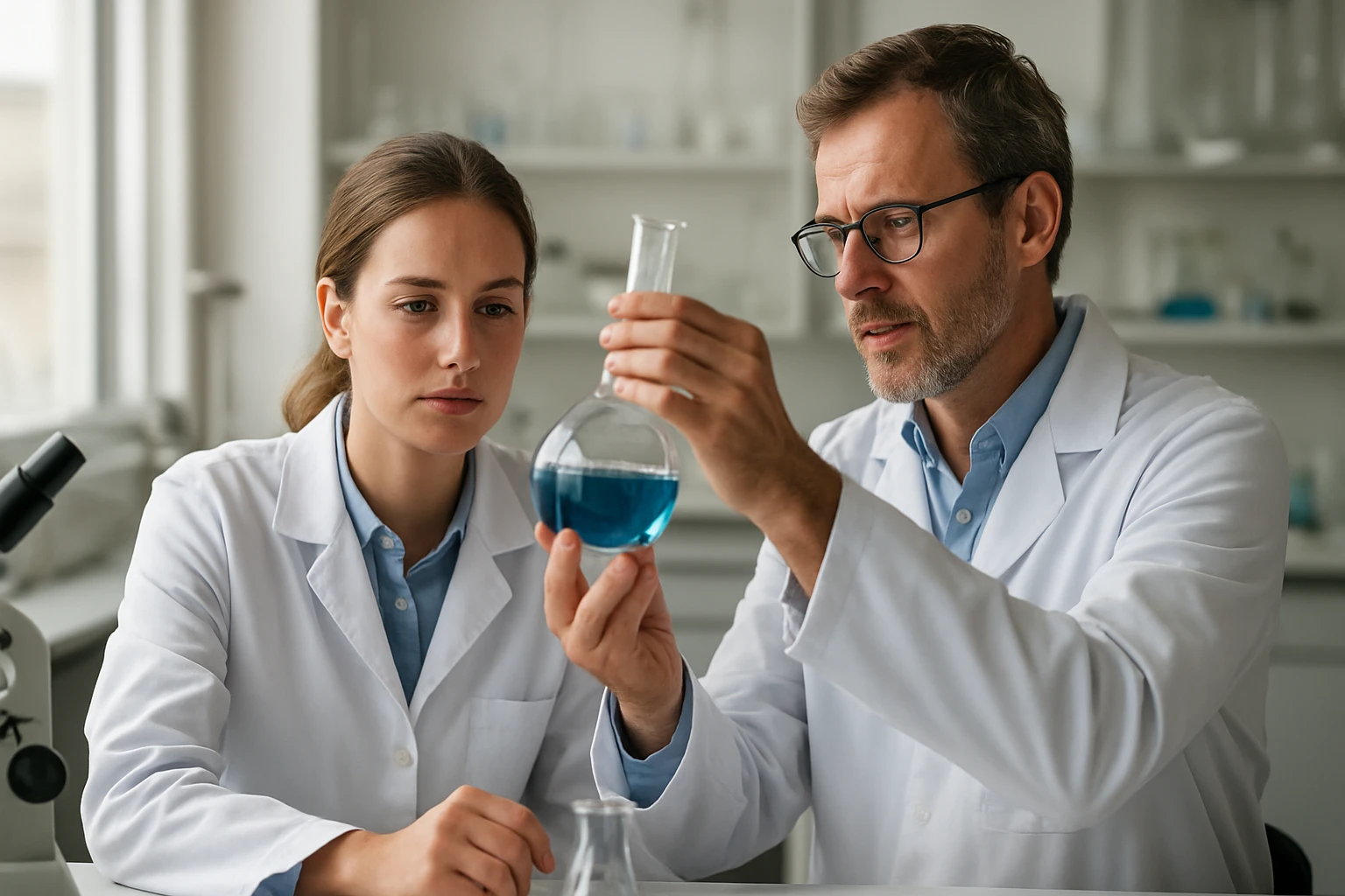 Fenilmetanol: Képlet, jellemzők és alkalmazási területek Két kémikus laboratóriumi munkát végez, kék folyadékot elemeznek
