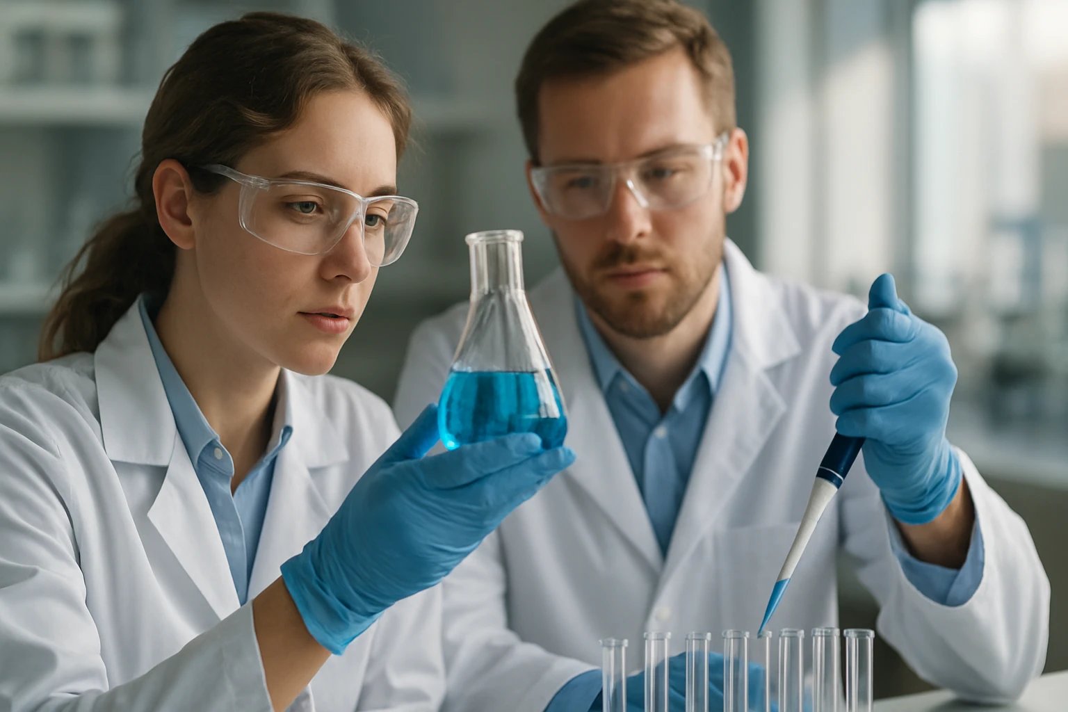 Két kutató laboratóriumi kísérletet végez fenolftalein indikátorral.