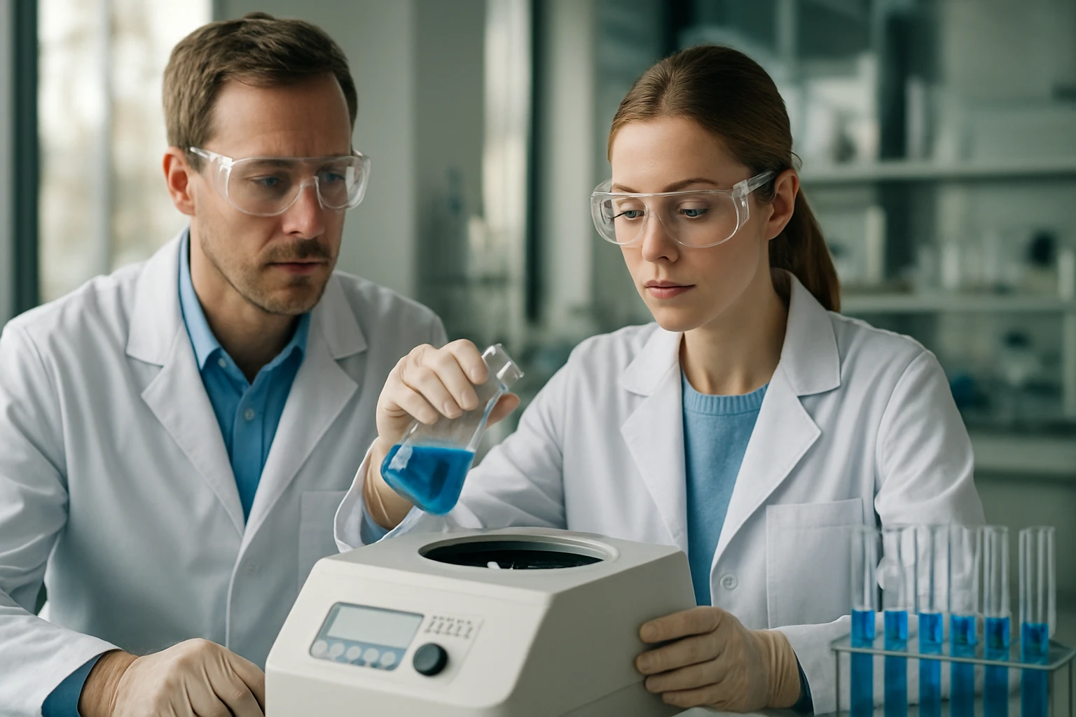 Két kutató laboratóriumi környezetben kémiai kísérletet végez