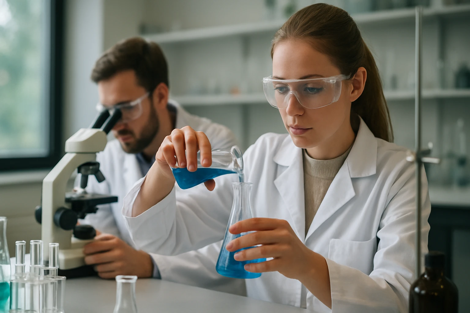 Laboratóriumi dolgozók fényporral végzett kísérlet során.