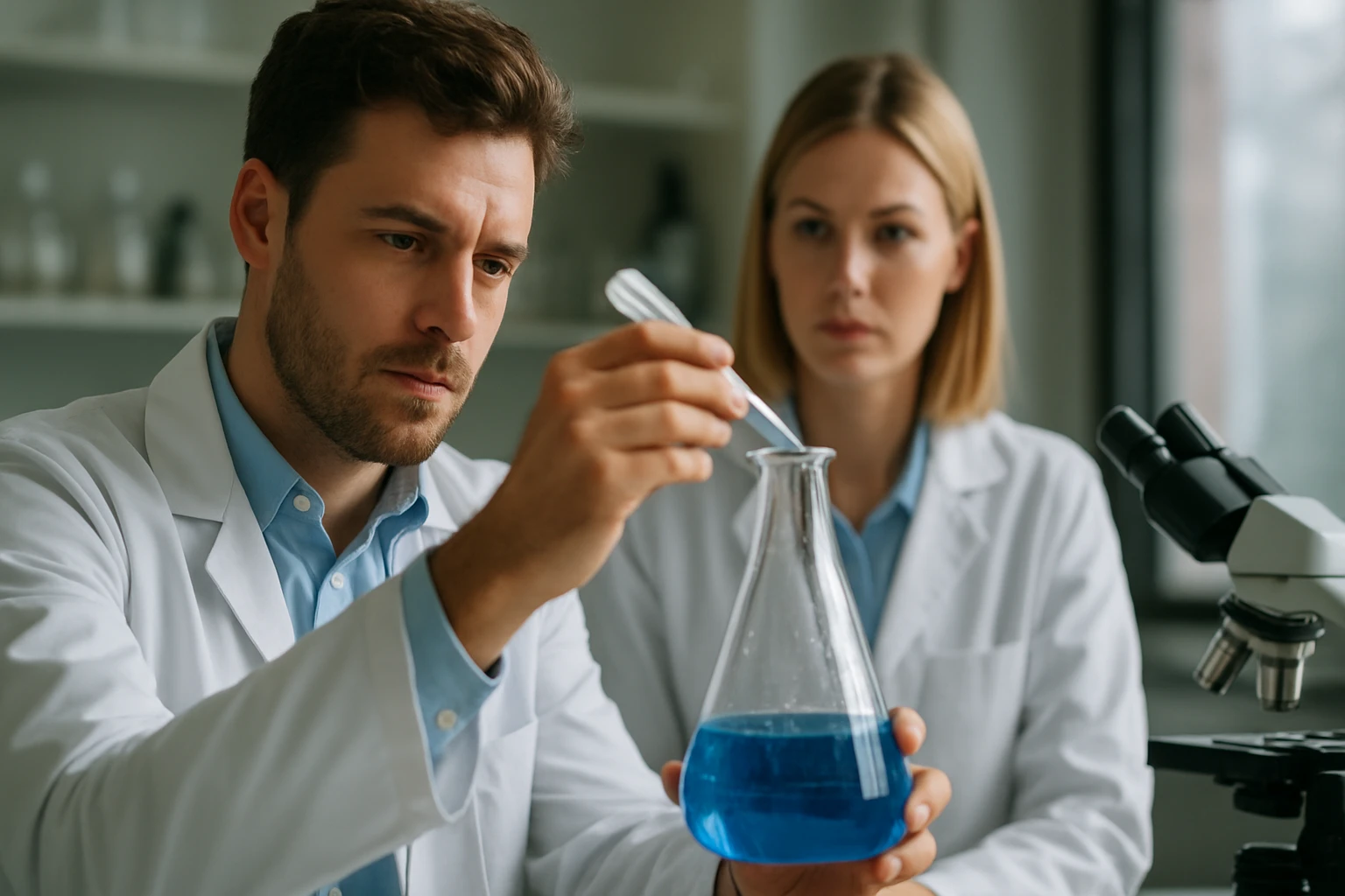 Kémikusok ferri vegyületekkel dolgoznak laboratóriumi környezetben.