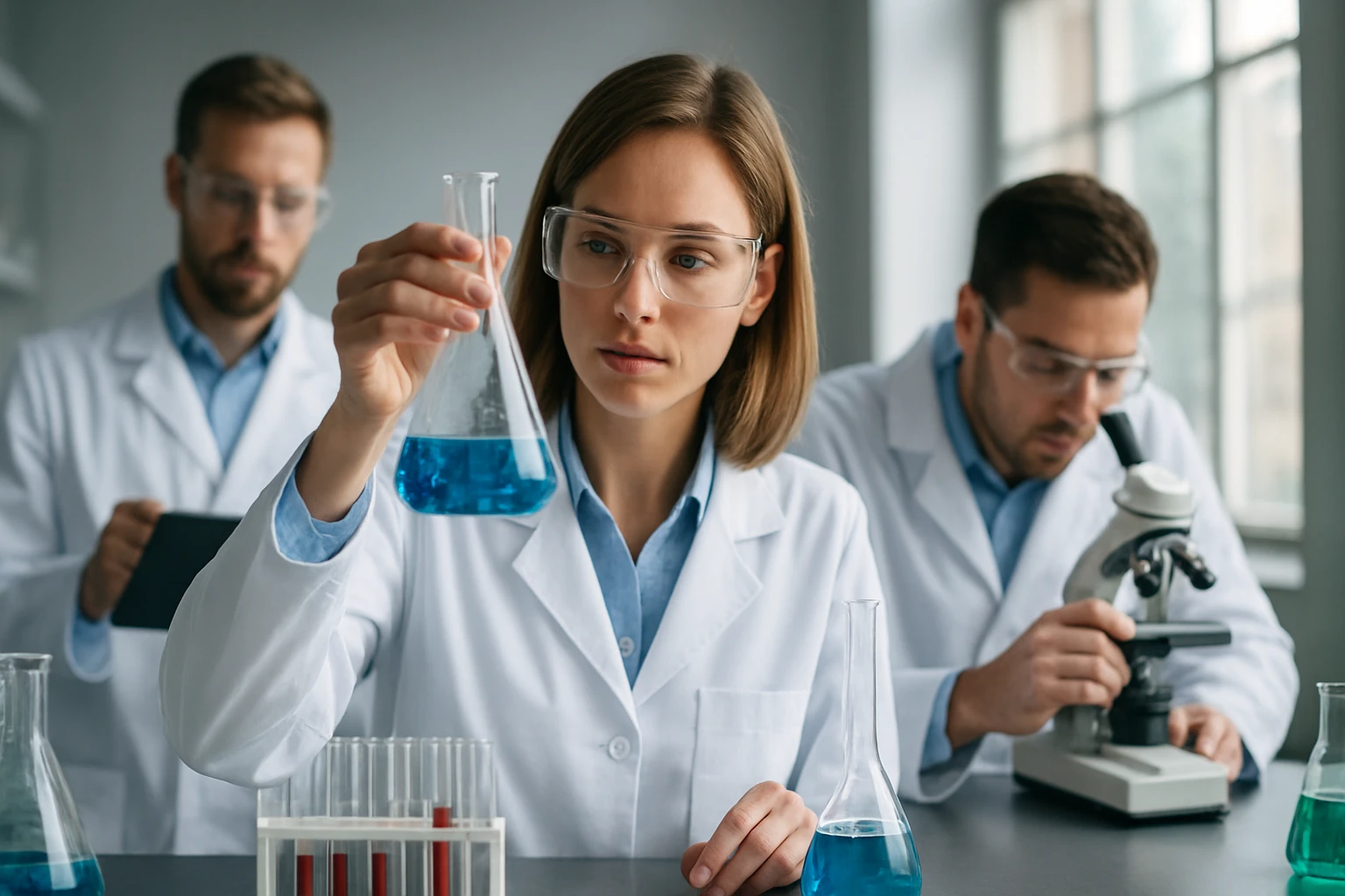 Laboratóriumi kísérletek során ferro-szulfátot vizsgáló tudósok.