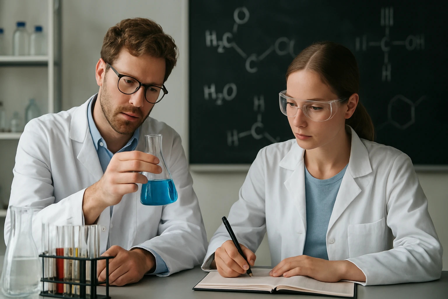 Két tudós kémiai kísérletet végez, egy kék folyadékot vizsgálnak.