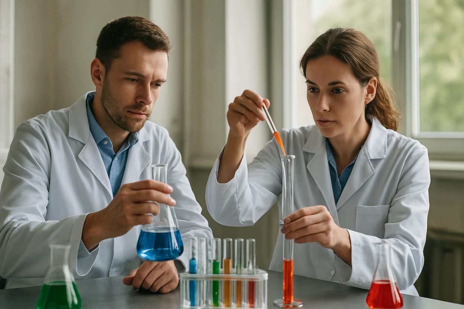 Két tudós kémiai kísérleti laborban ferroborral dolgozik.