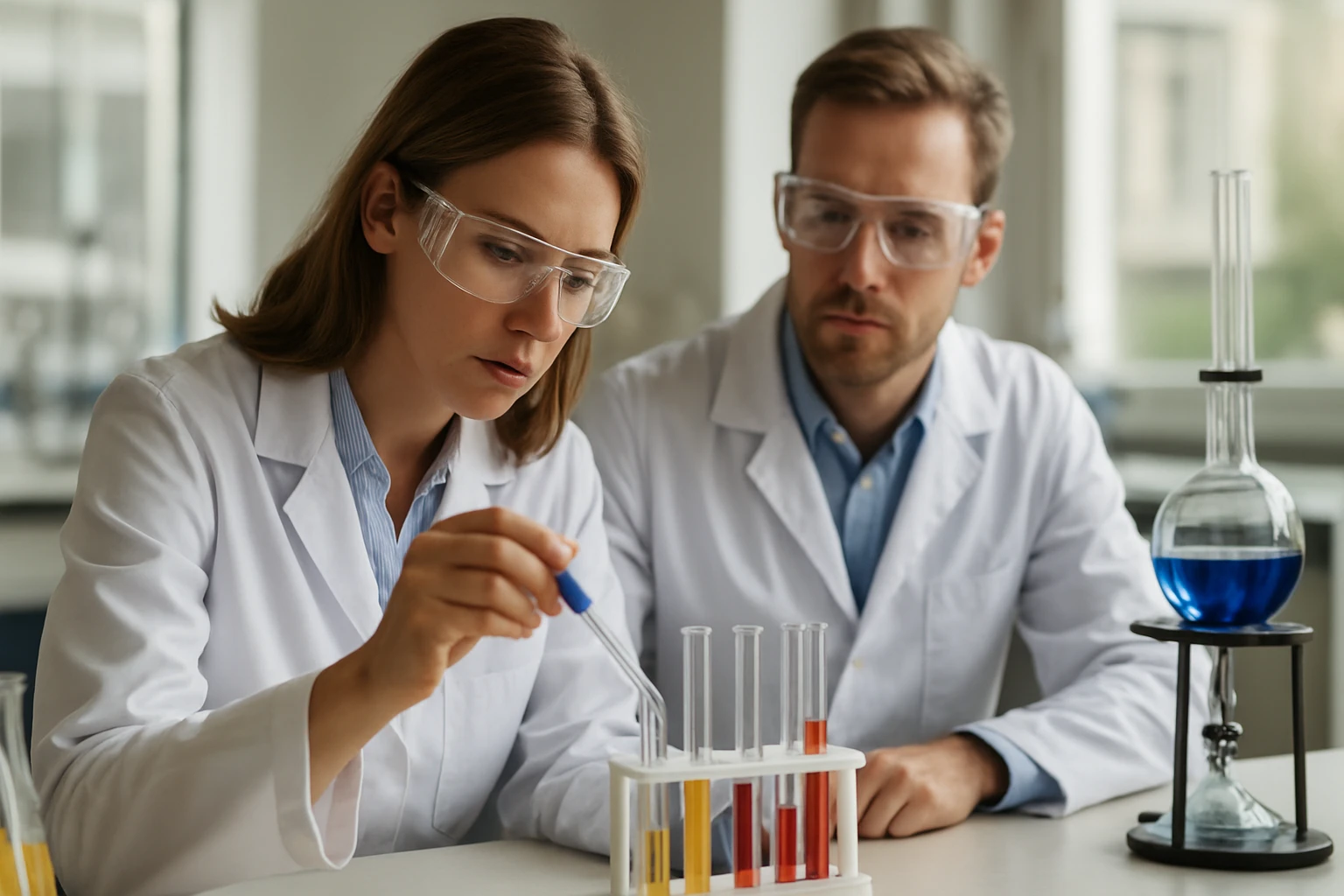 A ferrocén szerkezete, tulajdonságai és jelentősége: Egy átfogó áttekintés Két tudós laboratóriumban dolgozik a ferrocén kémiai vizsgálatán.